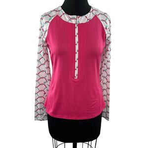SANSOLEIL SolCool Pink White Long Sleeve Partial Zip Mock Neck Stretch Top Sz S